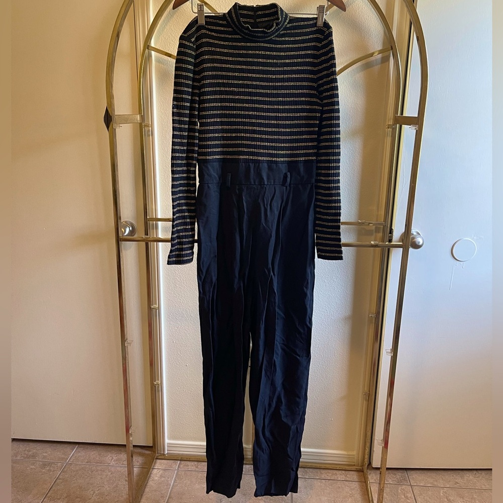Vintage John Roberts one-piece long-sleeve gold and black striped jumpsuit